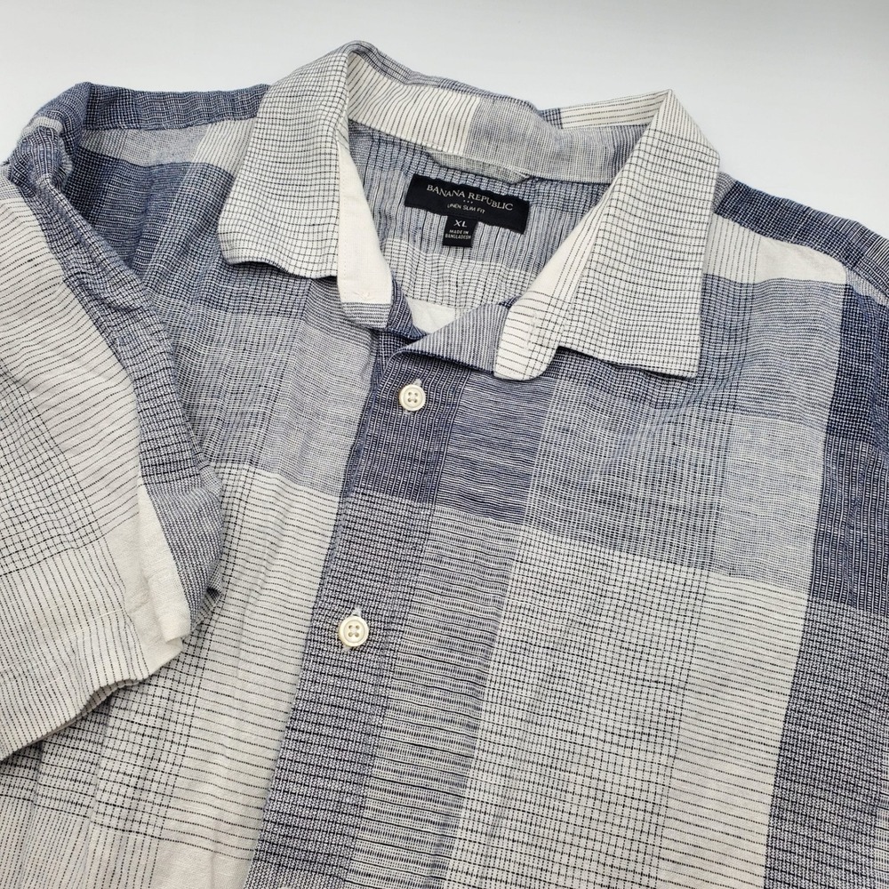 Banana Republic Mens XL Linen Slim Fit Short Sleeve Plaid Button Down Shirt Blue